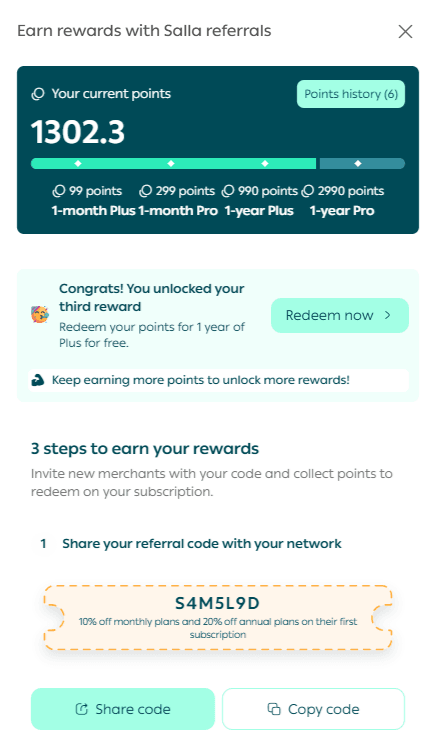Salla referral program: Share your code and earn points to renew your plan for free