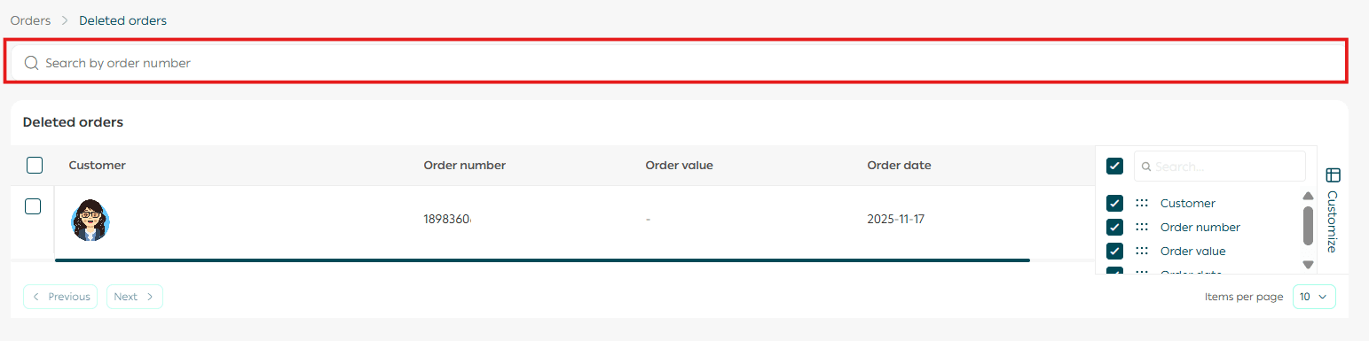 View and restore deleted orders
