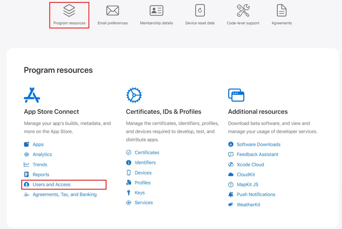 Apple developer account dashboard