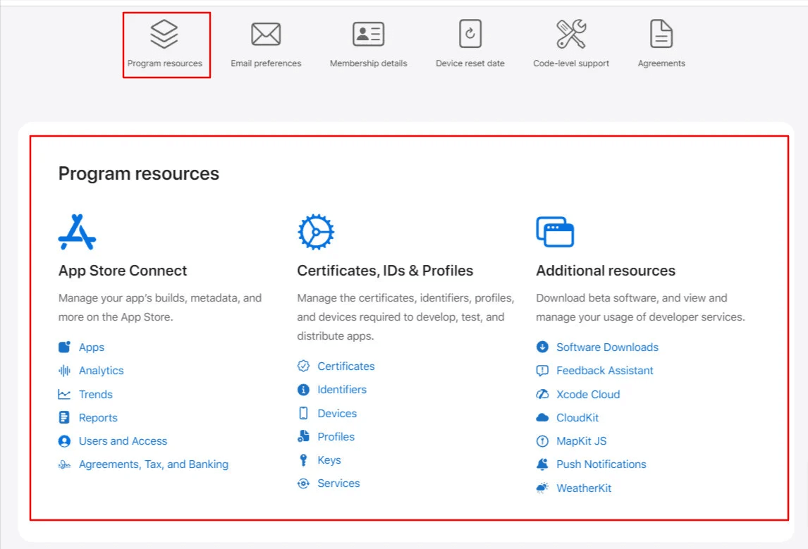 Apple developer account dashboard