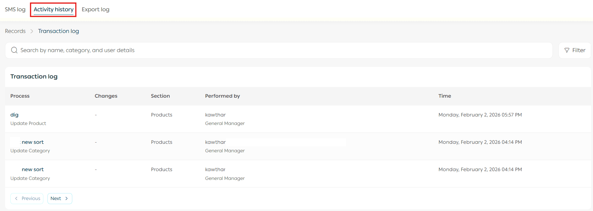 Viewing activity logs, SMS logs, and export logs