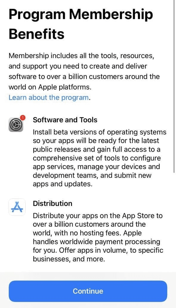 Creating an Apple Developer Account via the mobile app