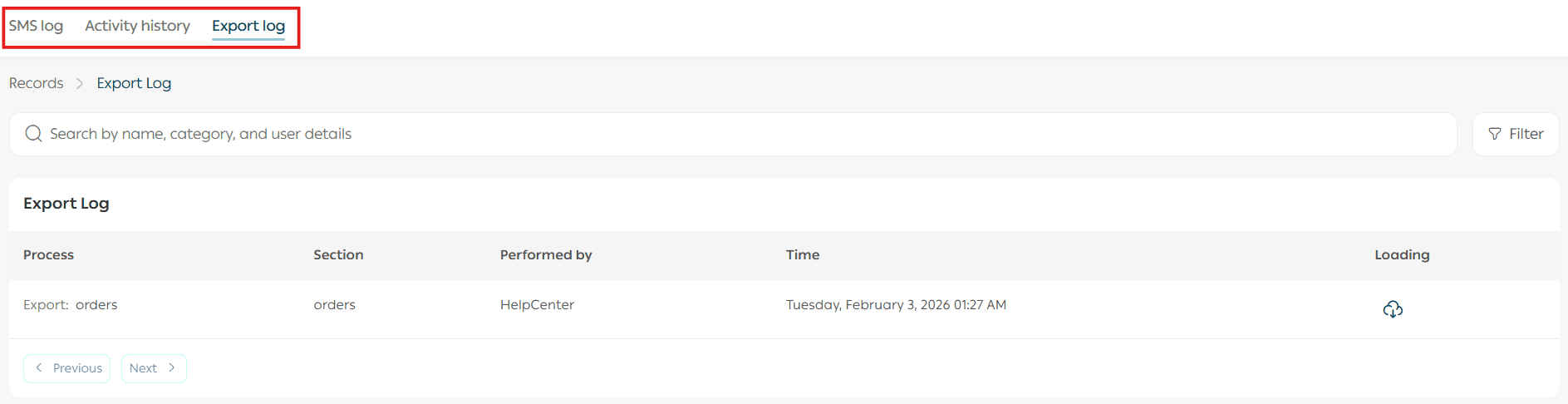 Viewing activity logs, SMS logs, and export logs