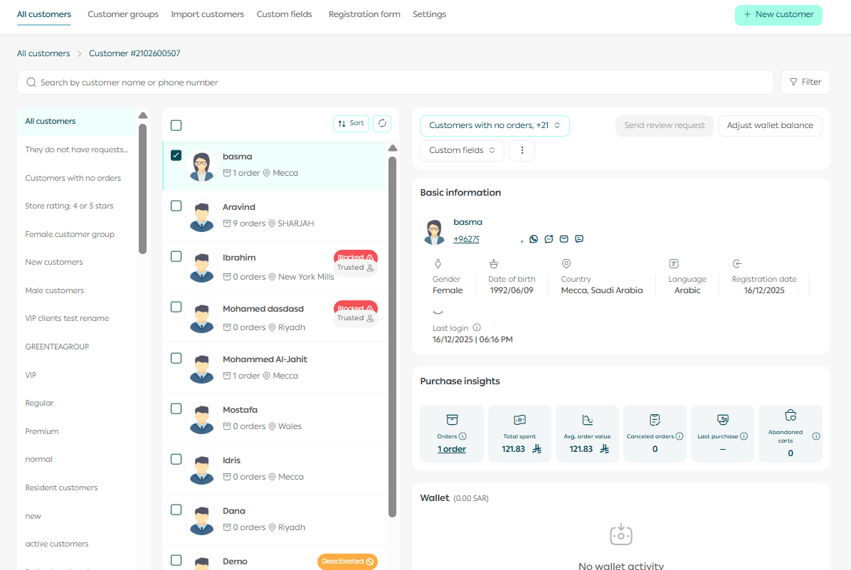 Customer management page & creating a new customer profile