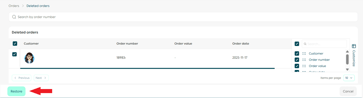 View and restore deleted orders