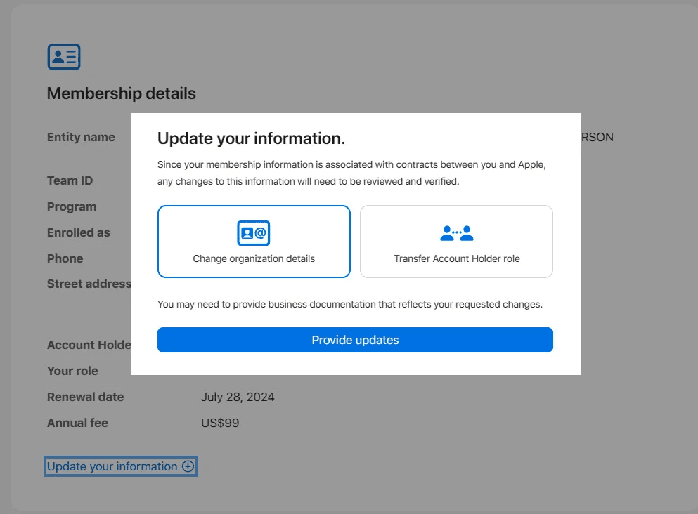 Apple developer account dashboard