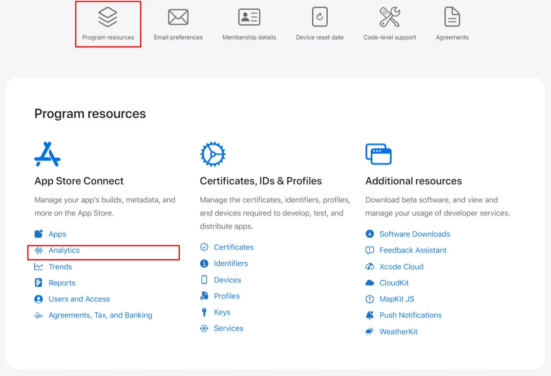 Apple developer account dashboard