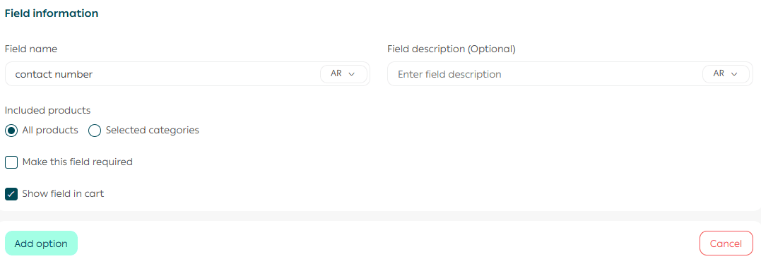 Set up cart order options