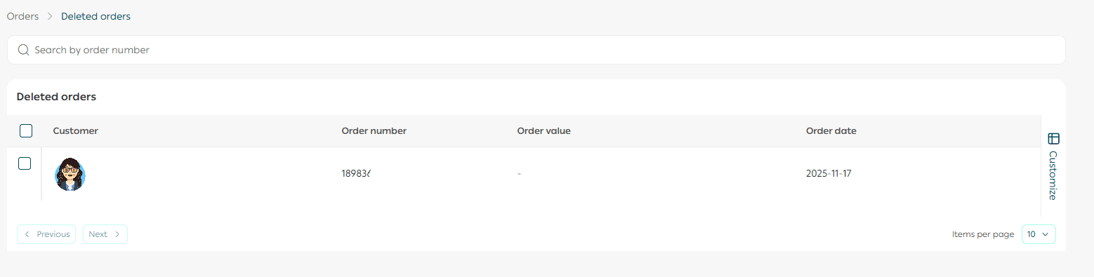 View and restore deleted orders