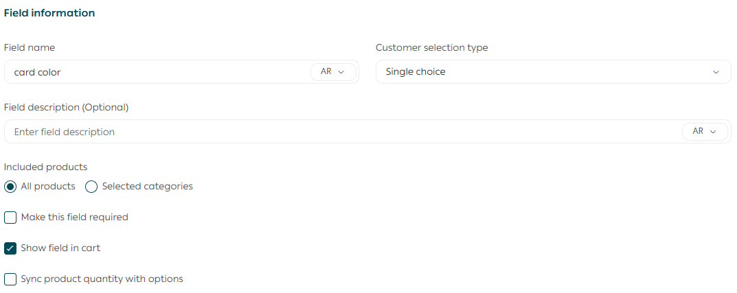 Set up cart order options
