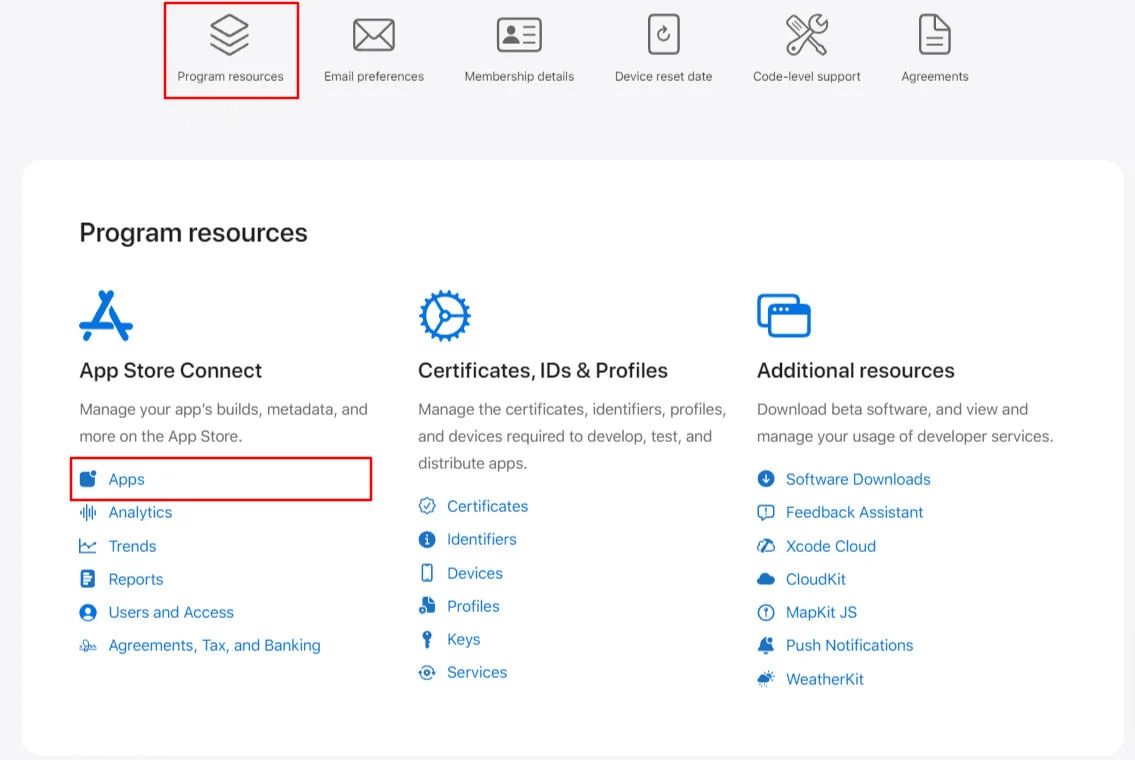 Apple developer account dashboard