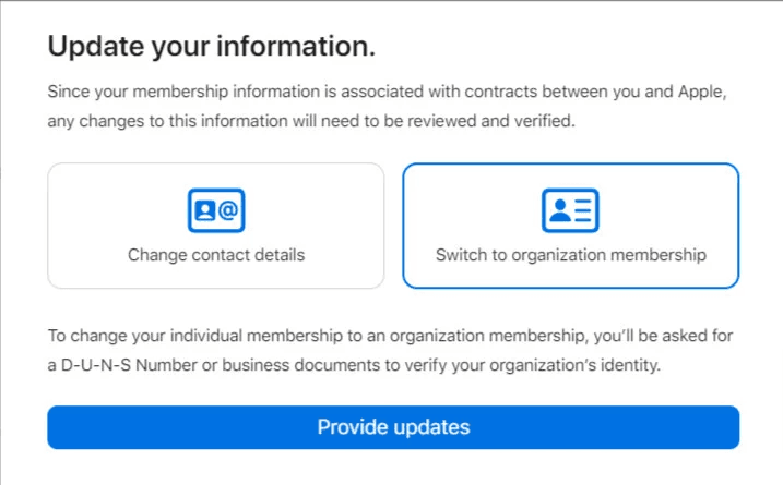How to convert an Apple Developer Account from individual to company