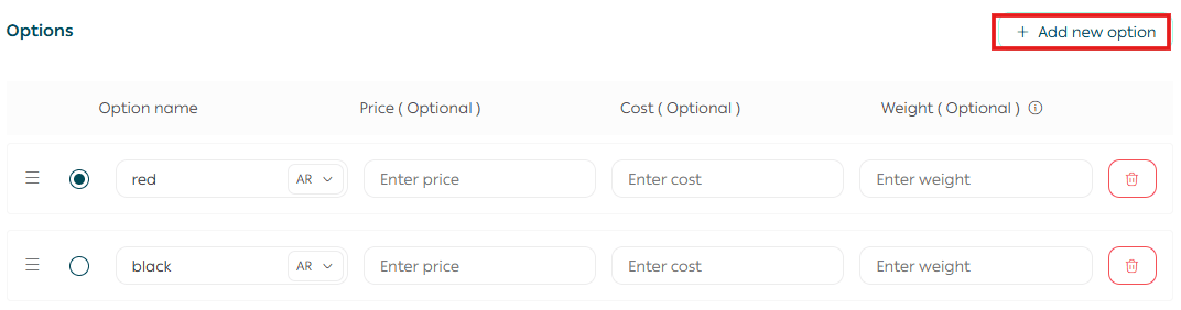 Set up cart order options