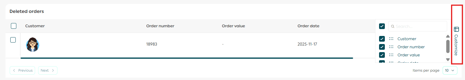 View and restore deleted orders