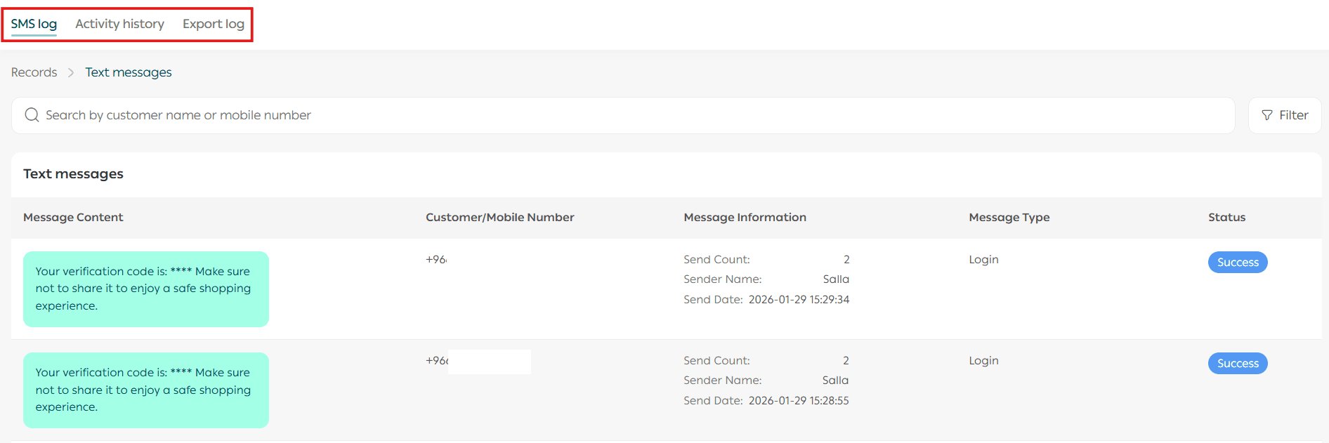 Viewing activity logs, SMS logs, and export logs