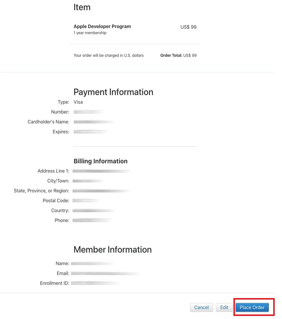 Creating an Apple Developer Account – Payment completion stage