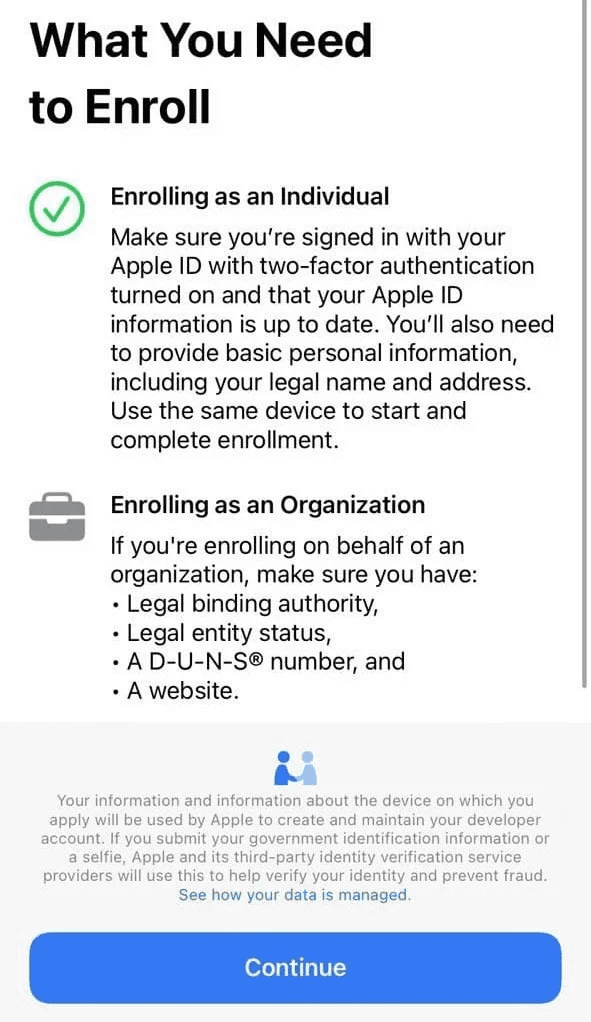 Creating an Apple Developer Account via the mobile app